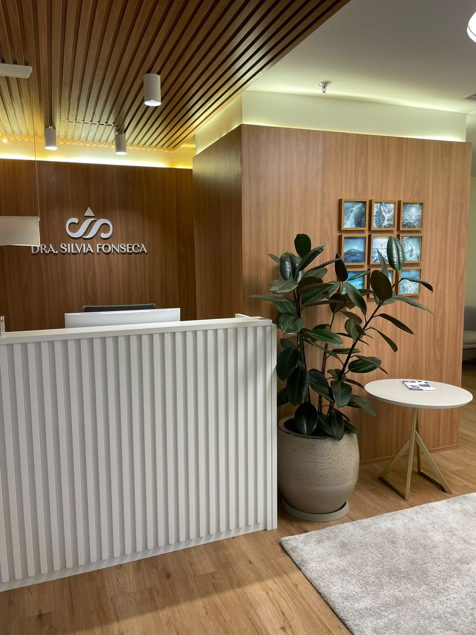 Recepção do consultório da Dra. Silvia Fonseca, com painéis de madeira e logotipo na parede